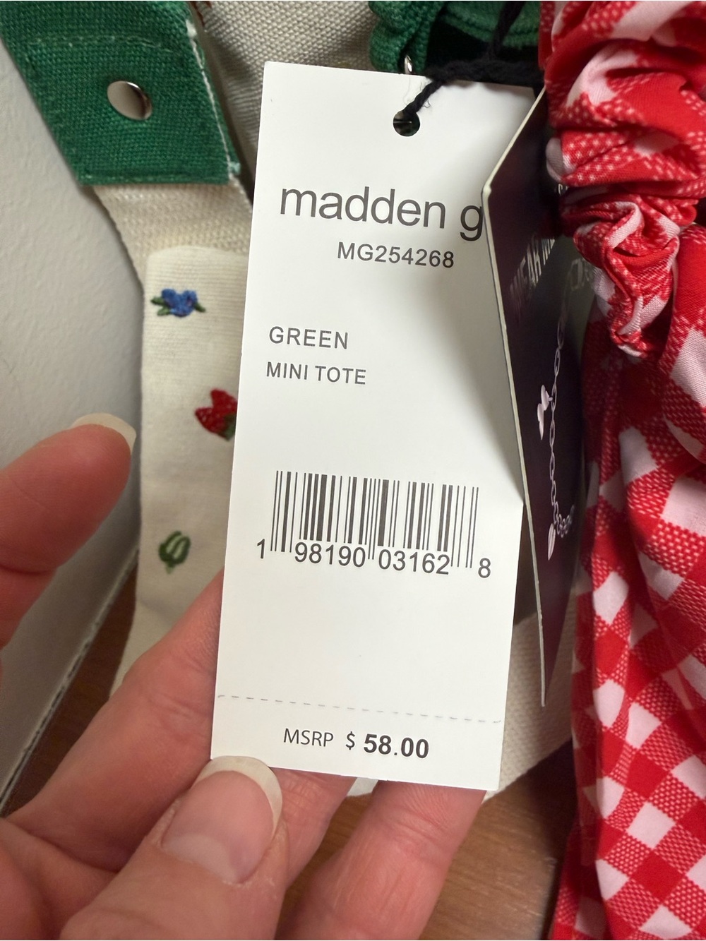 Madden Girl Green and Cream Embroidered Tote with Red Gingham Scarf - Picture 8 of 9